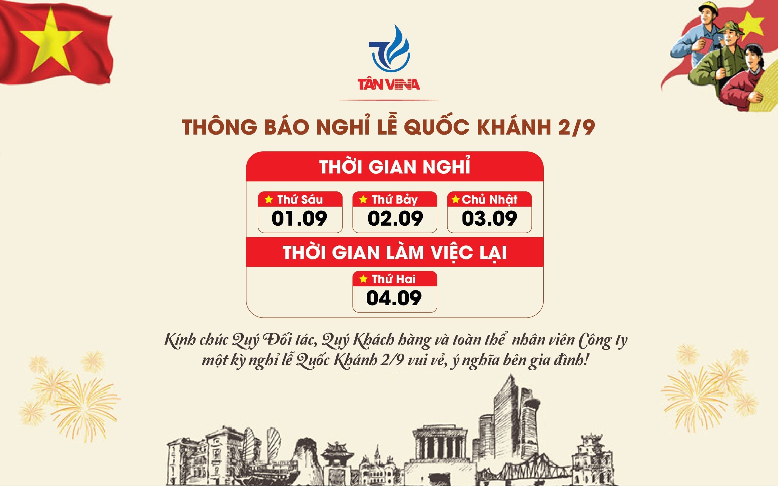 Công Ty Tân Vina thông báo lịch nghỉ lễ Quốc Khánh 02/09 năm 2023